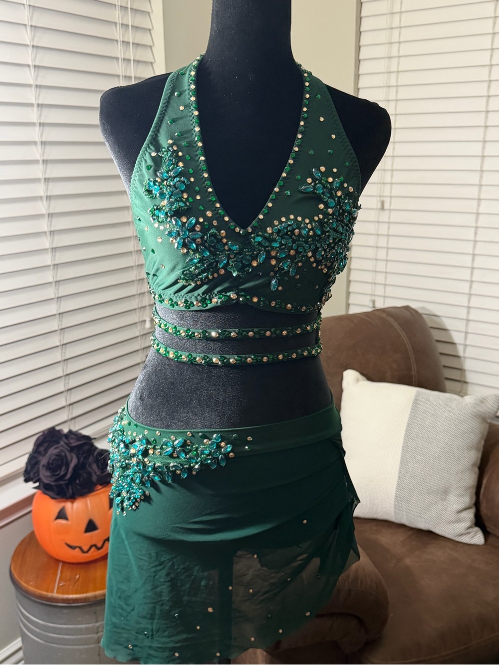 Unique Custom Dance costume Embellished Deep Green Halter adult small AS